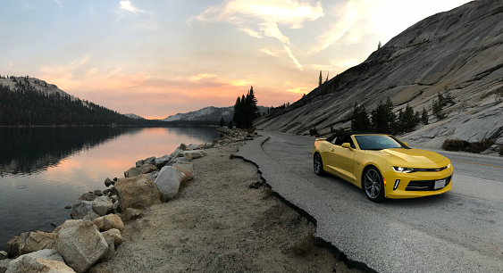 Yosemite Valley National Park, USA; nov 2017: Chevrolet Camaro Convertible at sunset. Yosemite Valley