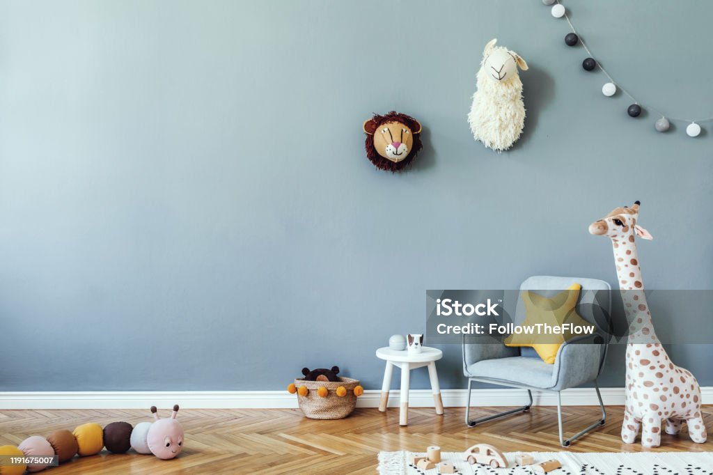 Stylish Scandinavian Kid Room With Toys Teddy Bear Plush Animal Toys Mint  Armchair Cotton Balls Modern Interior With Eucalyptus Background Walls Design  Interior Of Childroom Template Stock Photo - Download Image Now -