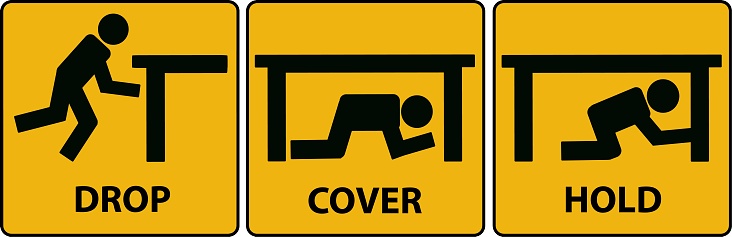 Drop, cover, hold sign. Earthquake vector icon.