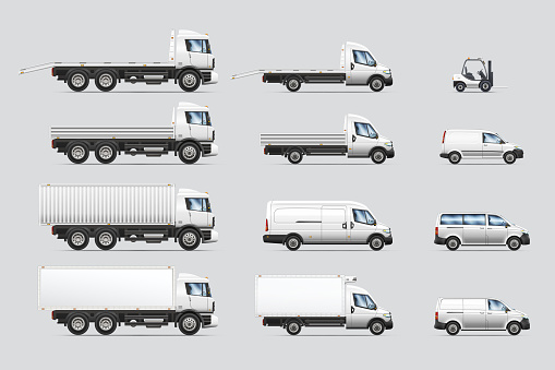 Vector illustrations set of commercial transportation and delivery trucks, isolated on a white background.