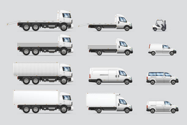 Vector illustrations set of commercial transportation and delivery trucks. Vector illustrations set of commercial transportation and delivery trucks, isolated on a white background. service truck stock illustrations