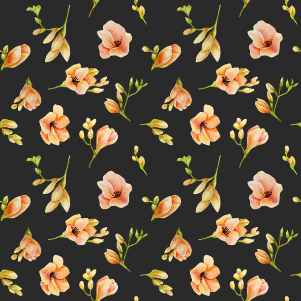 ilustrações de stock, clip art, desenhos animados e ícones de watercolor peach freesia flowers seamless pattern, hand drawn on a dark background - peach dark peaches backgrounds