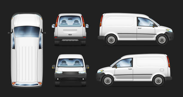 satz von realistischen vektor-illustrationen von mini-van aus unterschiedlicher ansicht. - truck pick up truck side view car stock-grafiken, -clipart, -cartoons und -symbole