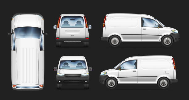 ilustrações de stock, clip art, desenhos animados e ícones de set of realistic vector illustrations of mini van from different view. - truck pick up truck side view car