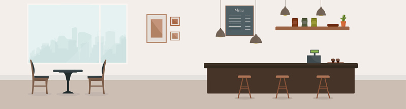 Empty cafe interior. Coffee shop with brown bar counter, table and chairs. Flat design. Cafe or restaurant interior design with coffee shop,  vector illustration.Empty cafe interior