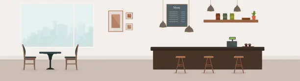 Vector illustration of Empty cafe interior. Coffee shop with brown bar counter, table and chairs. Flat design. Cafe or restaurant interior design with coffee shop,  vector illustration. Empty cafe interior