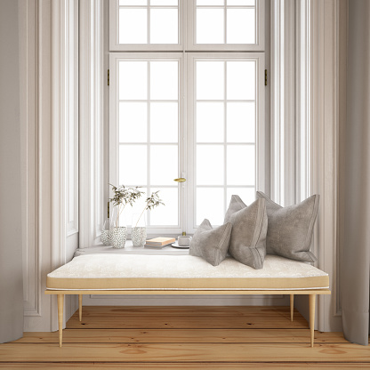 Tranquil Window Side with Pillows and Bench. 3d Render