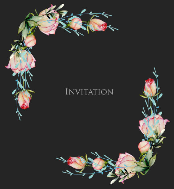 istock Corner borders of watercolor roses, leaves and blue branches, hand drawn on a dark background, Invitation card design 1191677491