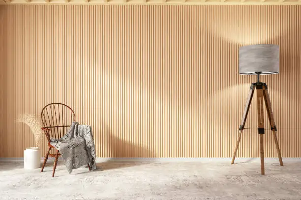 Photo of Wooden Interior with Chair Blanket and Floor Lamp