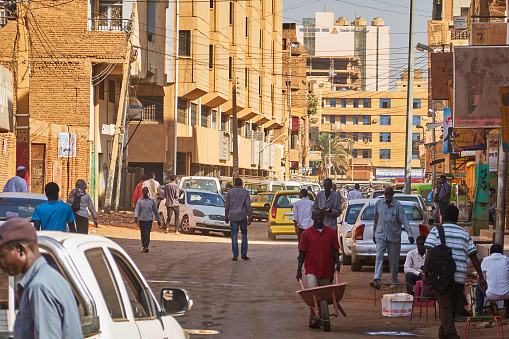 Khartoum, Sudan, ca. February 8., 2019: Street scene in downtown Khartoum, capital of Sudan