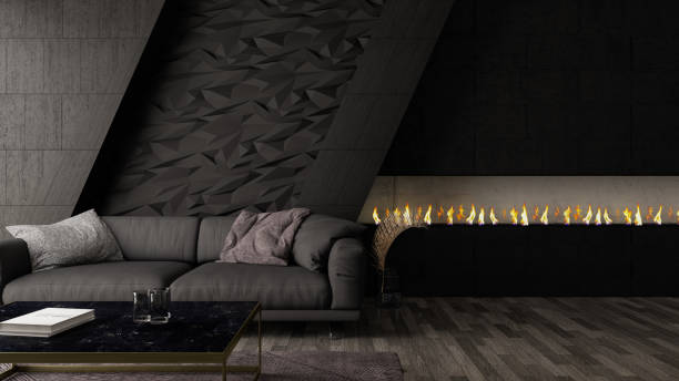 istock Modern Black Living Room with Sofa and Fireplace 1191678668