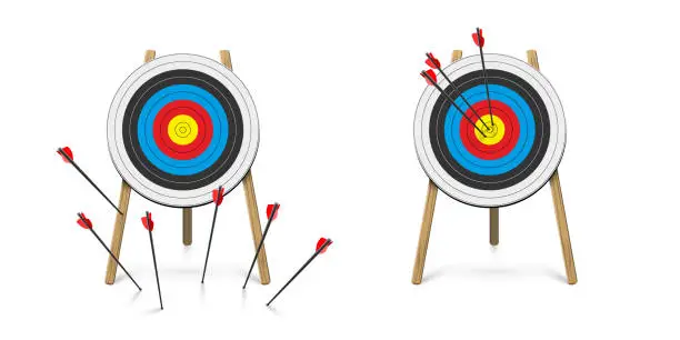 Vector illustration of Hitting and missed target with archery arrow set