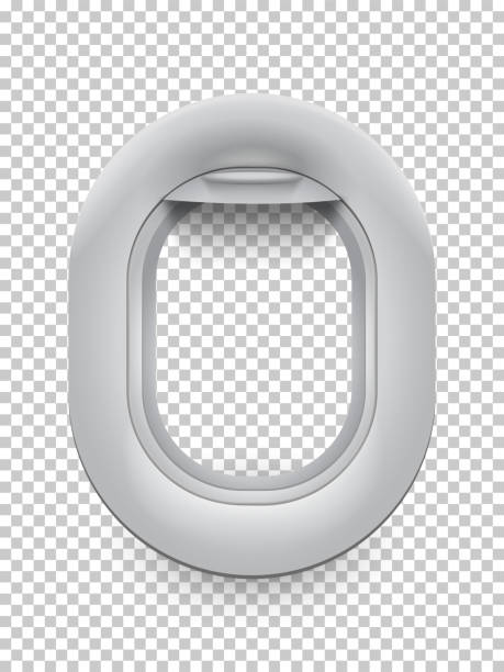 Realistic grey porthole isolated on empty space Realistic grey porthole isolated on empty space. Spaceship or airplane window plan on transparent backdrop. Illuminator template for composition. Construction object. Vector illustration airplane window stock illustrations