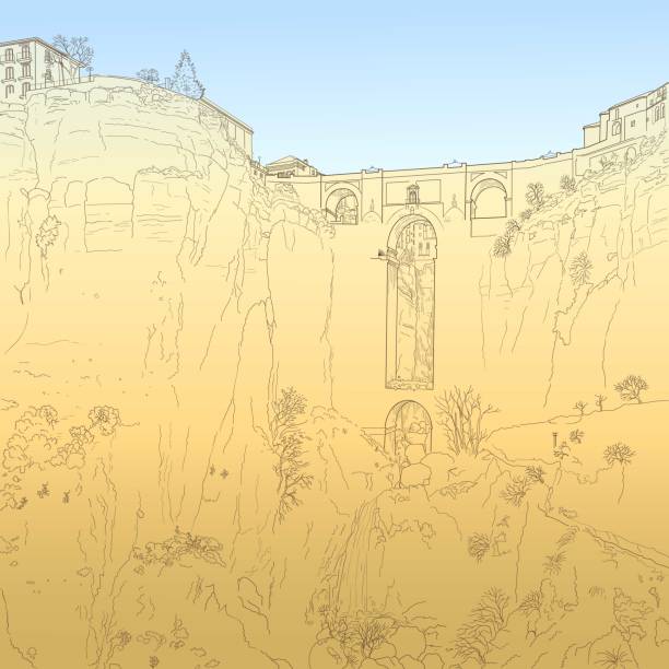 Sketch of a city ston bridge drawing of a stone bridge over the gorge of El Tahoe in the city of Ronda. Spain ronda-spain stock illustrations