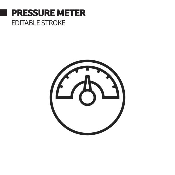 illustrazioni stock, clip art, cartoni animati e icone di tendenza di icona linea misuratore di pressione, illustrazione del simbolo vettoriale del contorno. pixel perfetto, tratto modificabile. - pressure gauge