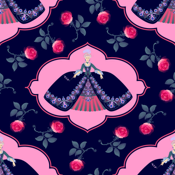 A lady with a carnival mask and roses An image of a woman in a dress stylized as 18th-century clothing against a floral pattern. Seamless pattern. Vector graphics sequence dress stock illustrations