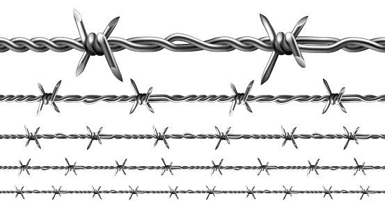 Wire Of Prison Fence Seamless Pattern Set Vector. Type Of Steel Fencing Wire Chain Constructed With Sharp Edges Arranged At Intervals Along Strands. Template Realistic 3d Illustrations