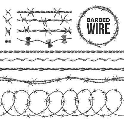Barb Wire Collection With Razor Detail Set Vector. Modern Metallic Fencing Wire Chainlink With Sharp Elements For Area Protection. Industrial Barbwire Seamless Pattern Realistic 3d Illustrations