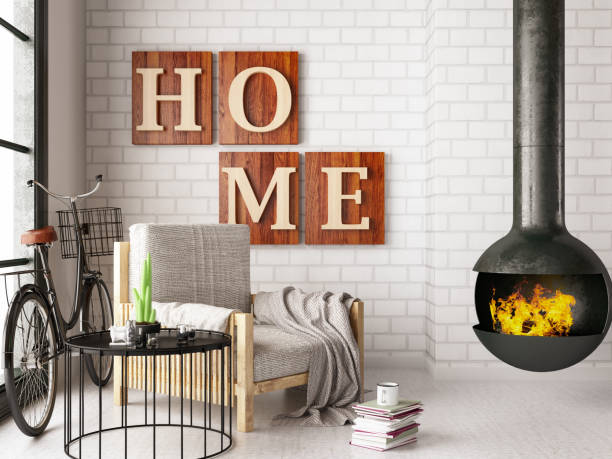 istock Modern Living Room with Fireplace and Home Sign 1191680972