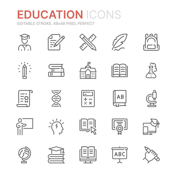 ilustraciones, imágenes clip art, dibujos animados e iconos de stock de colección de iconos de líneas relacionadas con la educación. 48x48 pixel perfecto. trazo editable - college