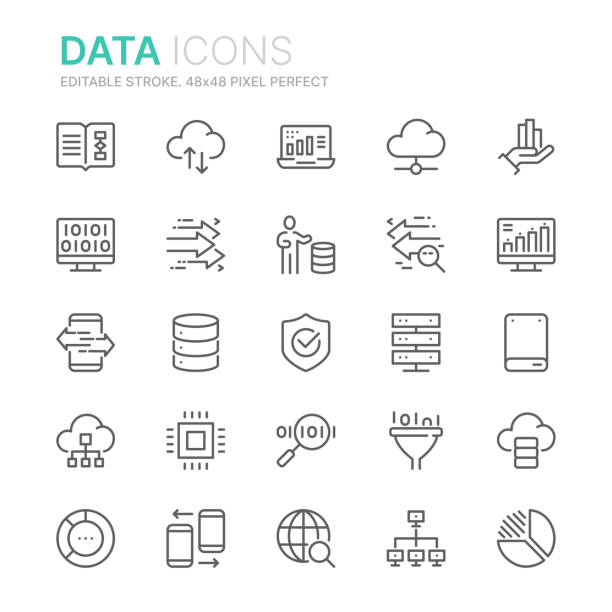 ilustraciones, imágenes clip art, dibujos animados e iconos de stock de recopilación de iconos de línea relacionados con datos. 48x48 pixel perfecto. trazo editable - compartimiento para almacenamiento