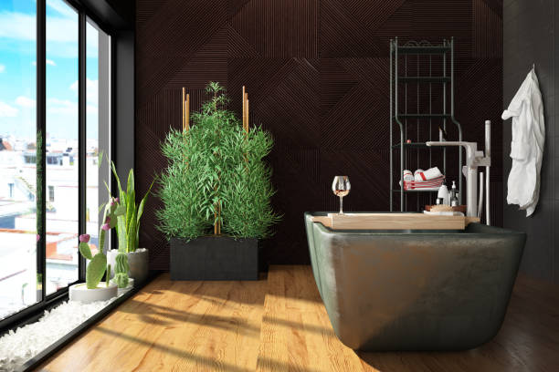 istock Modern Bathroom with Plants and City View 1191681951