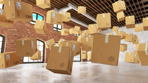 Cardboard Boxes Foating in the Air Cardboard Boxes Foating in the Air. 3d Render big cardboard box stock pictures, royalty-free photos & images