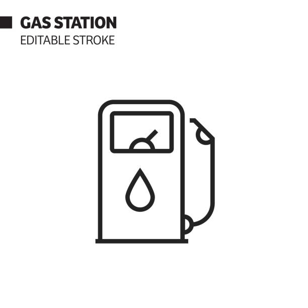 tankstellenlinie symbol, umriss vektor symbol illustration. pixel perfekt, editierbarer strich. - fossiler brennstoff stock-grafiken, -clipart, -cartoons und -symbole