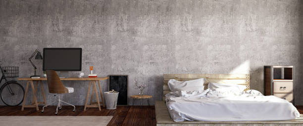 istock Panoramic View of Cozy Open Bedroom with Workspace 1191683315