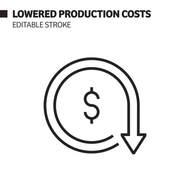 감소 된 생산 비용 라인 아이콘, 윤곽선 벡터 기호 그림. 픽셀 완벽, 편집 스트로크. - 가격 stock illustrations