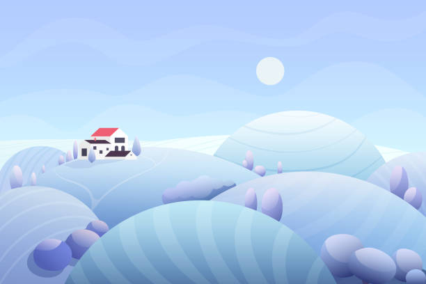 農場とフィールド冬の季節の風景フラットベクターイラスト - snow horizon winter shed点のイラスト素材／クリップアート素材／マンガ素材／アイコン素材