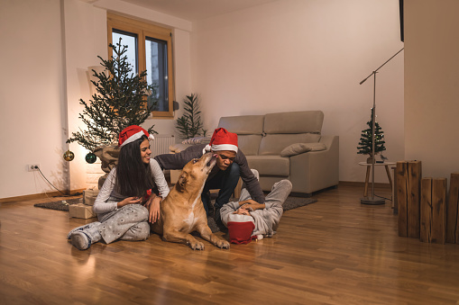 Single father with kids and dog have fun at home during Christmas