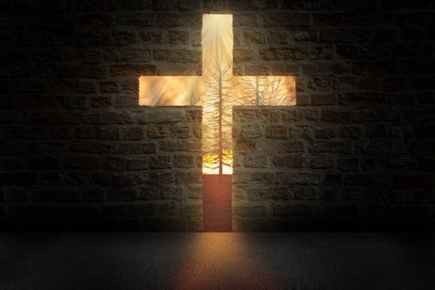 Cross shaping door in a dark room to a burning forest