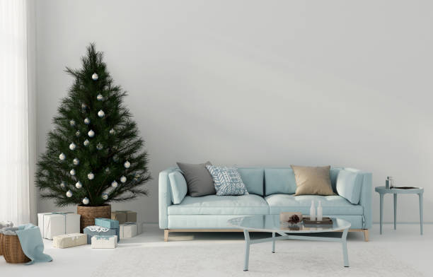 istock Festive blue living room interior with christmas tree 1191685296