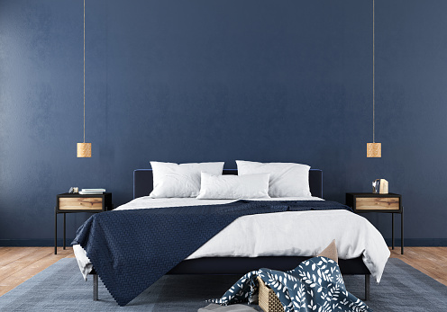 Elegante interior del dormitorio en azul de moda photo