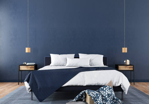 Stylish bedroom interior in trendy blue Modern bedroom interior with a stylish combination of trendy blue and light wood texture / 3D illustration, 3d render bedroom stock pictures, royalty-free photos & images