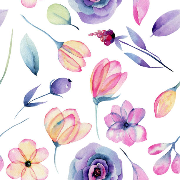 istock Watercolor pastel apple blossom flowers and plants seamless pattern, hand painted on a white background 1191686314