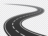 Winding road. Journey traffic curved highway. Road to horizon in perspective. Winding asphalt empty line isolated concept stock illustration