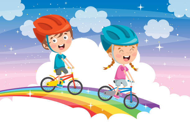 ilustrações de stock, clip art, desenhos animados e ícones de happy little children riding bicycle - helmet bicycle little girls child