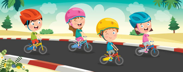 ilustrações de stock, clip art, desenhos animados e ícones de happy little children riding bicycle - helmet bicycle little girls child