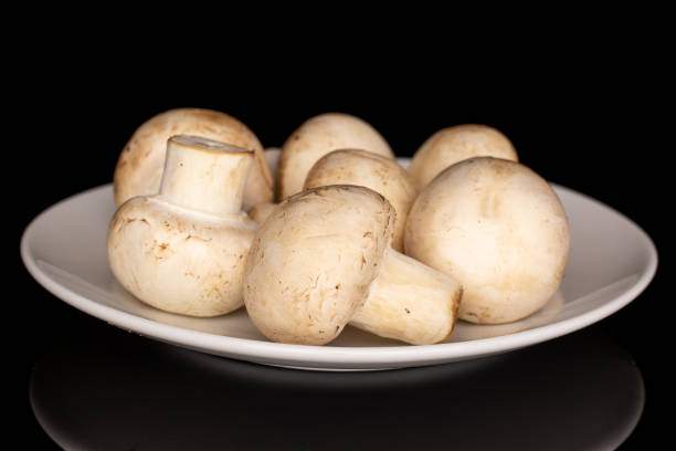 свежий белы�й гриб, изолированный на черном стекле - mushroom stem cap plate стоковые фото и изображения