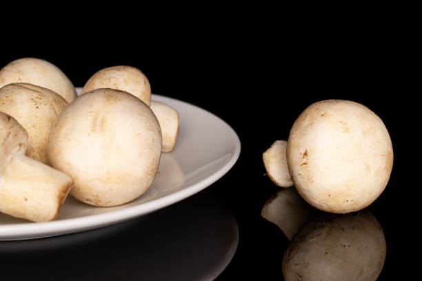 свежий белый гриб, изолированный на черном стекле - mushroom stem cap plate стоковые фото и изображения