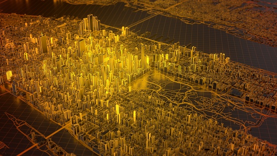 digital new york city with hot glowing edges. suitable for technology, future and virtual reality themes. 3d illustration