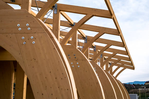 Detail of a modern wooden architecture in glued laminated timber stock photo