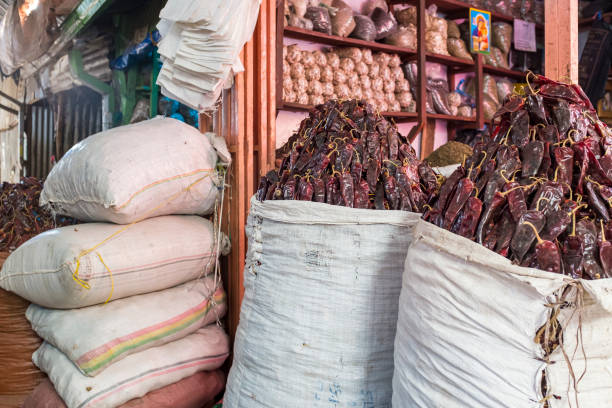 Addis Ababa, Ethiopia - May 21, 2016: Dried chili peppers for sale in Shola market in Addis Ababa, Ethiopia