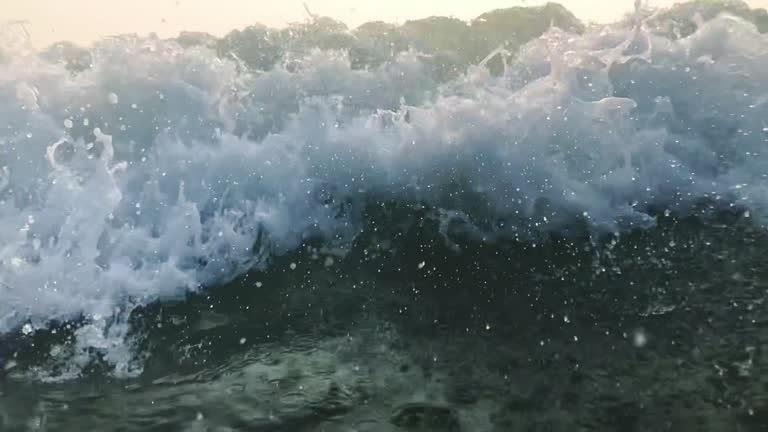 120fps Slow Motion Ocean White water Wave surf crashing down towards camera, Goa, India