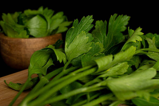 istock Flat leaf parsley isolated on black glass 1191699522