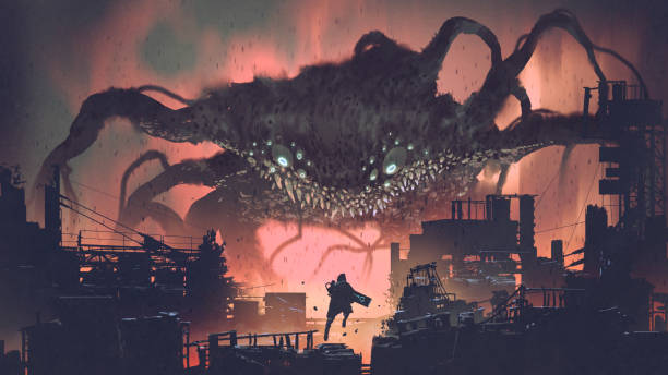 giant monster invading night city sci-fi scene showing the giant monster invading night city, digital art style, illustration painting alien invasion stock illustrations