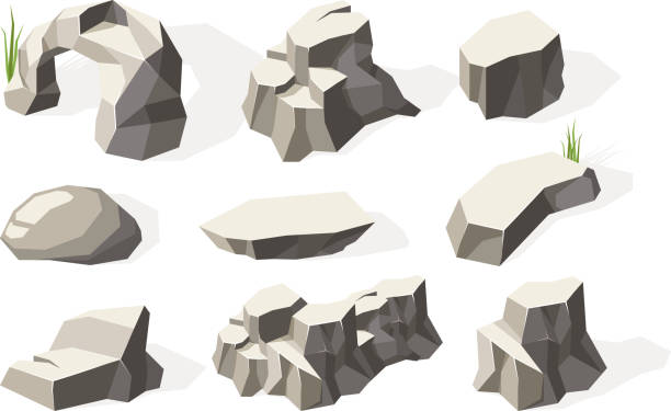 ilustraciones, imágenes clip art, dibujos animados e iconos de stock de piedras isométricas. arquitectura rota rocas elementos minerales piedras superficie vector colección - granite block stone cobblestone
