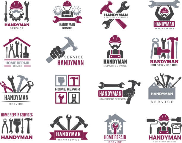 Handyman badges. Builders and workers contractor symbols technicians vector logotypes for handyman Handyman badges. Builders and workers contractor symbols technicians vector logotypes for handyman. Illustration carpenter handyman logo and emblem wrench spanner work tool hand tool stock illustrations